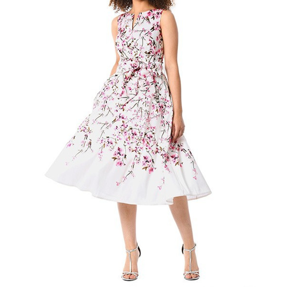 Cherry Blossom Print Dupioni Midi Dress Sz 16 Split Boat Neck Sash Belt New - Picture 1 of 13